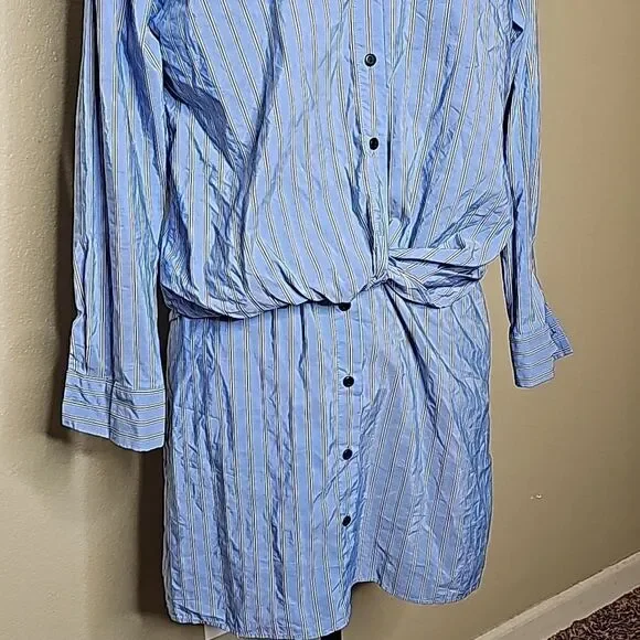 Zara Small Shirt Dress Button Front Blue Stripe Twist Front Long sleeve - Picture 5 of 11